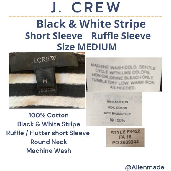 J.Crew Black & White Stripe Ruffle Flutter short Sleeve Size Medium 100% cotton - Picture 7 of 7